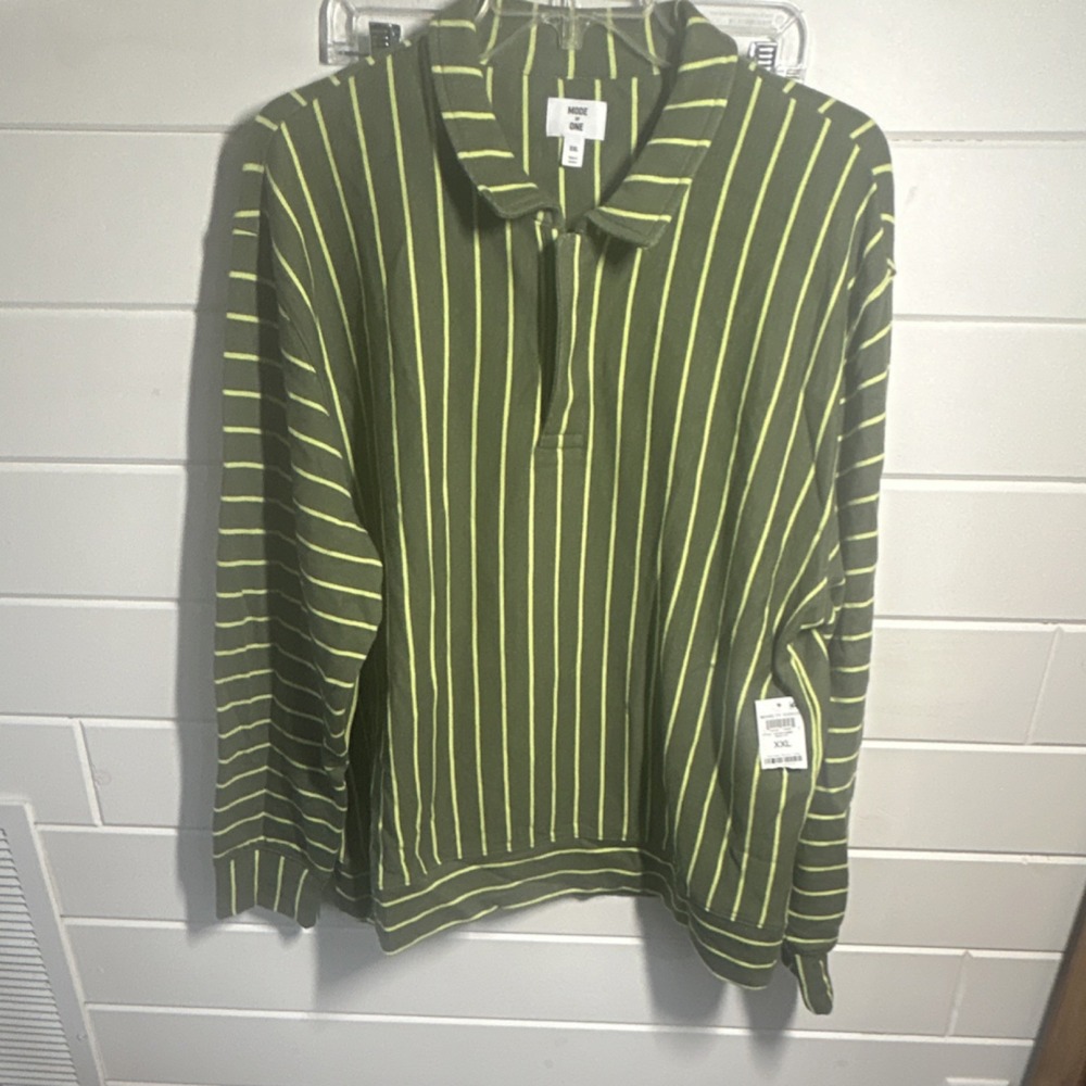 Mode of One Men's Striped Polo Shirt Green Yellow XXL Long Sleeve Cotton